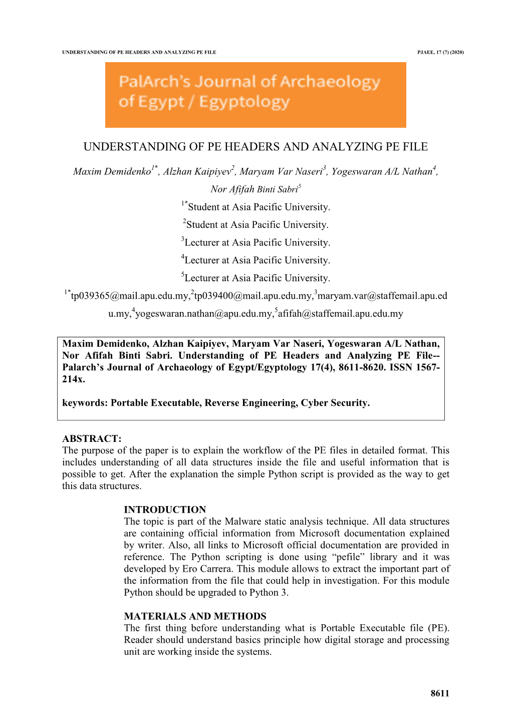 Understanding of Pe Headers and Analyzing Pe File Pjaee, 17 (7) (2020)