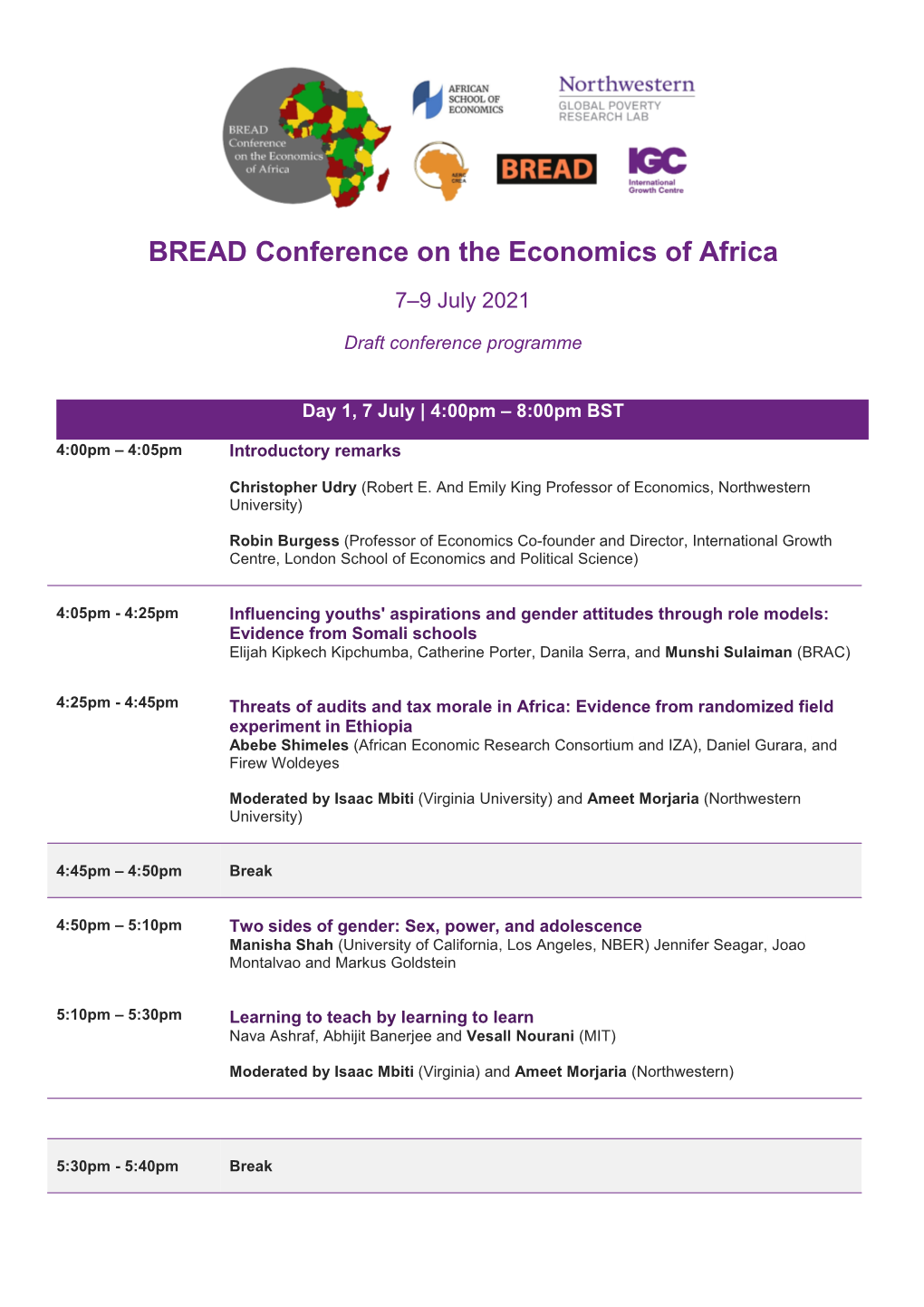 BREAD Conference on the Economics of Africa 7–9 July 2021