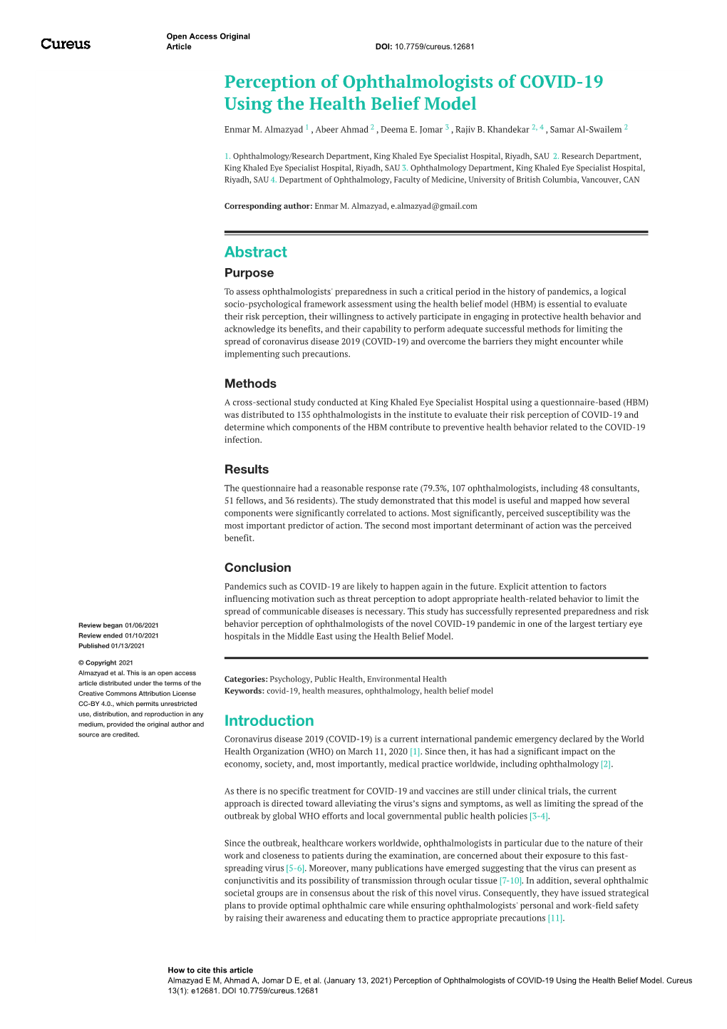 Perception of Ophthalmologists of COVID-19 Using the Health Belief Model