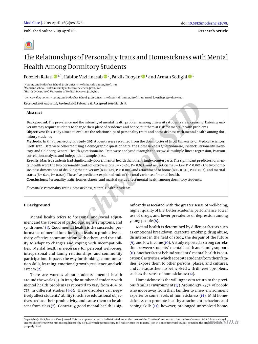 The Relationships of Personality Traits and Homesickness with Mental