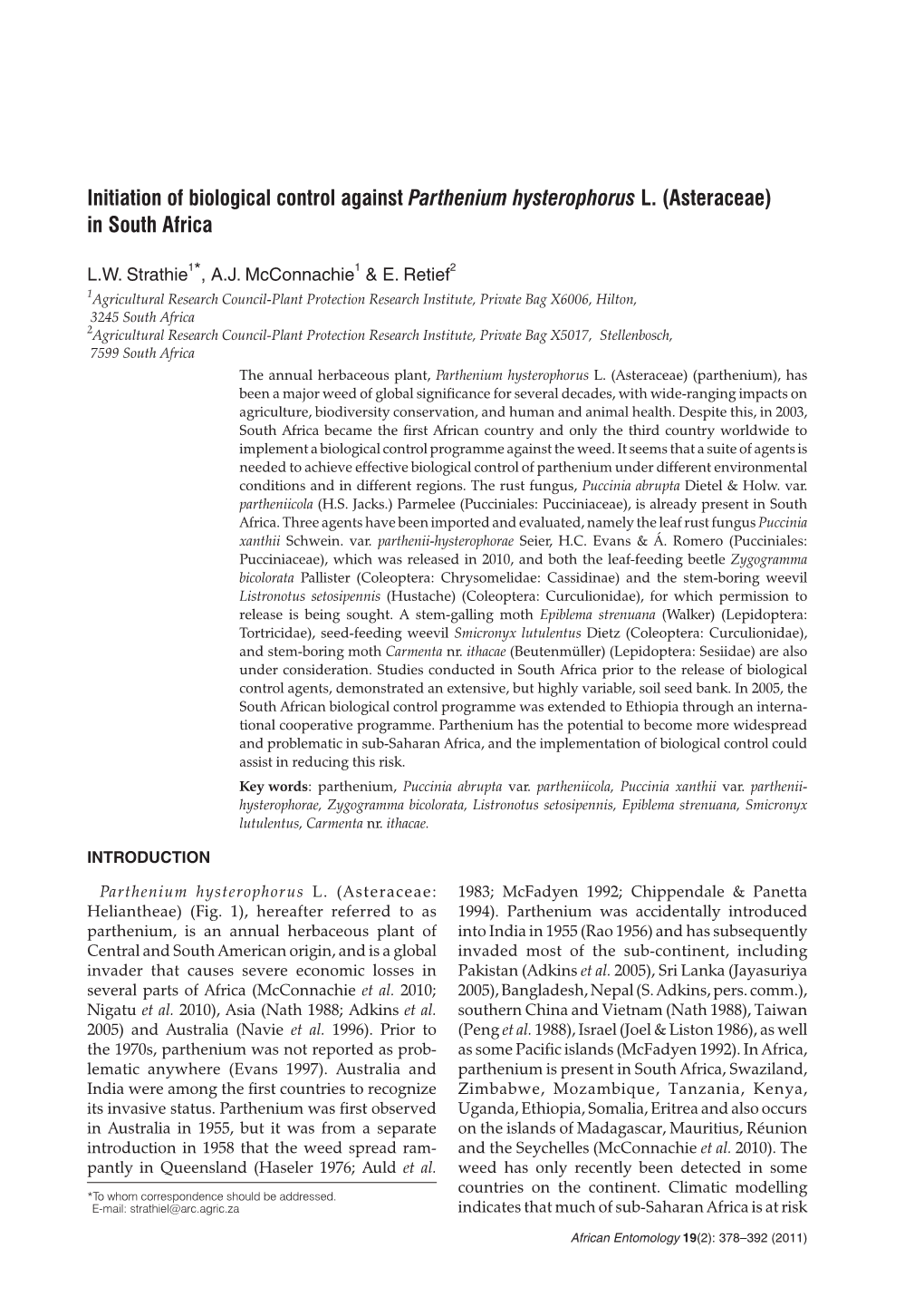 Initiation of Biological Control Against Parthenium Hysterophorus L. (Asteraceae) in South Africa