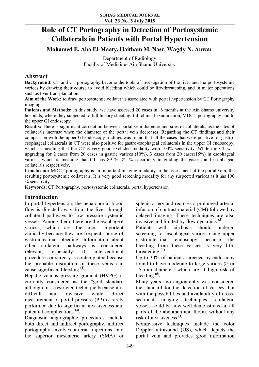 Role of CT Portography in Detection of Portosystemic Collaterals in Patients with Portal Hypertension Mohamed E