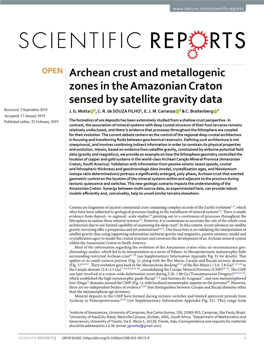 Archean Crust and Metallogenic Zones in the Amazonian Craton Sensed by Satellite Gravity Data Received: 3 September 2018 J