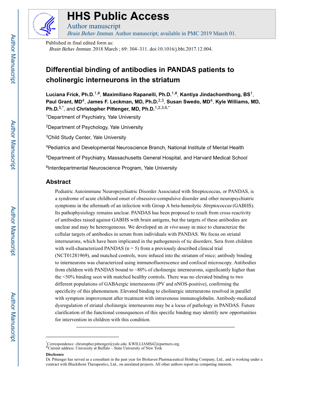 Differential Binding of Antibodies in PANDAS Patients to Cholinergic Interneurons in the Striatum