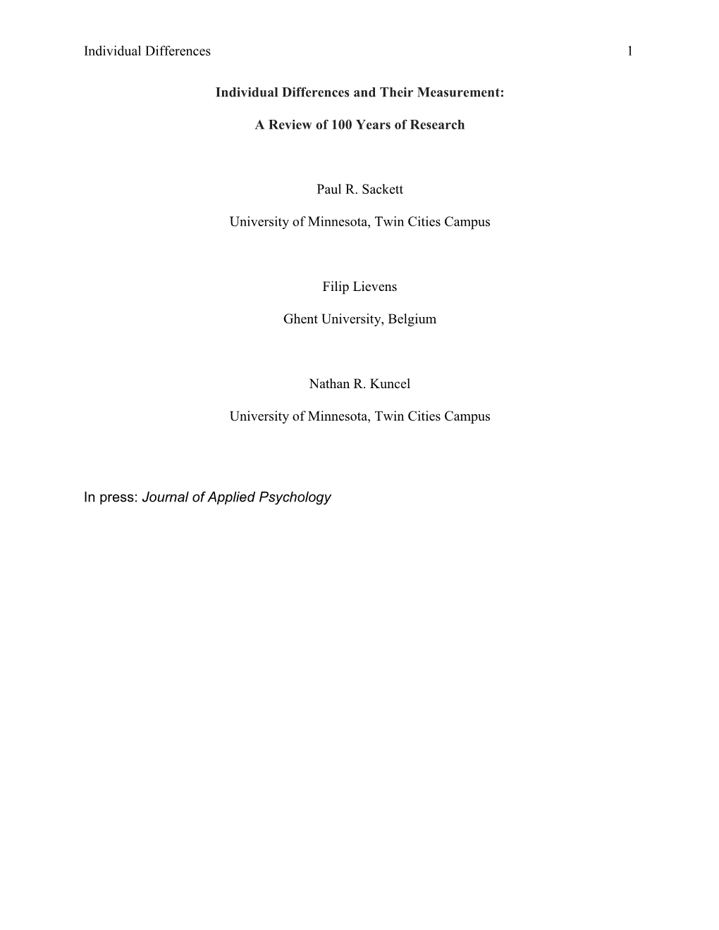 Individual Differences and Their Measurement