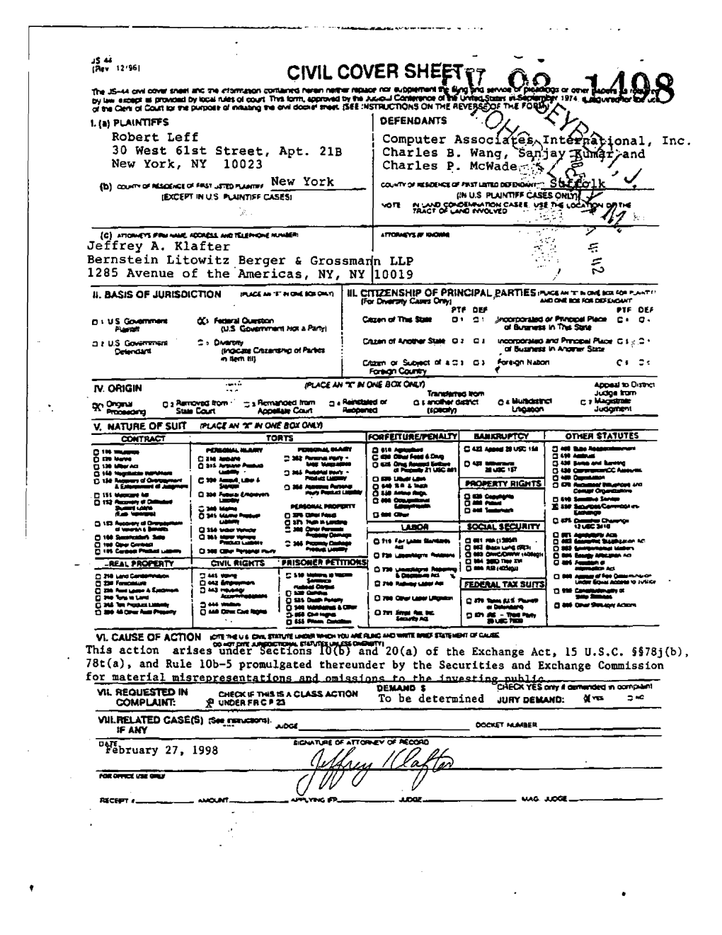 Leff, Et Al. V. Computer Associates International, Inc., Et Al. 98-CV