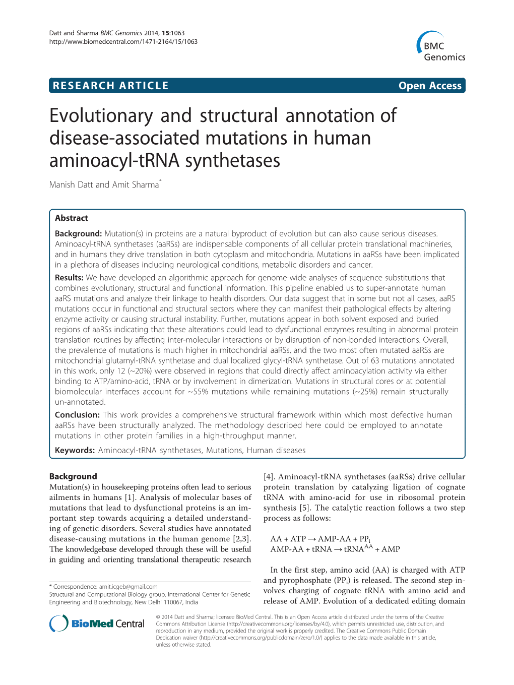 Evolutionary and Structural Annotation of Disease-Associated Mutations in Human Aminoacyl-Trna Synthetases Manish Datt and Amit Sharma*