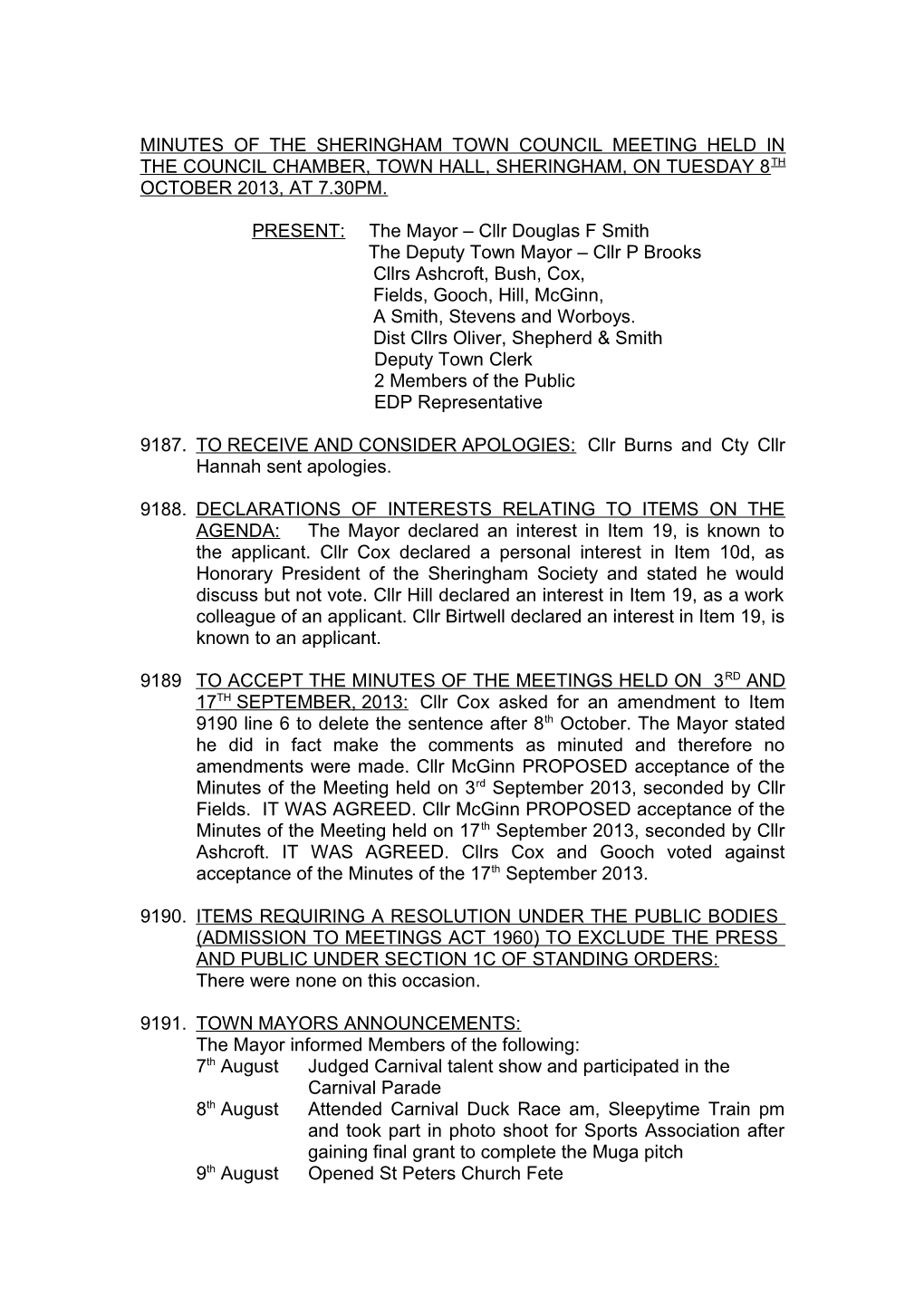 Minutes of the Sheringham Town Council Meeting Held in the Council Chamber, Town Hall