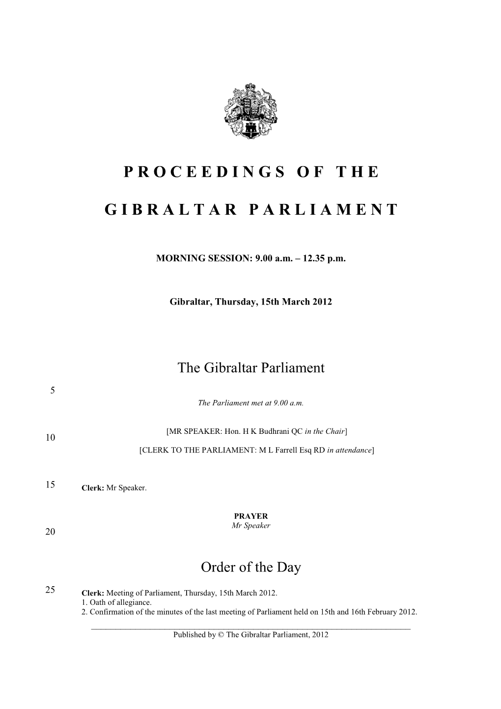 Proceedings of the Gibraltar Parliament