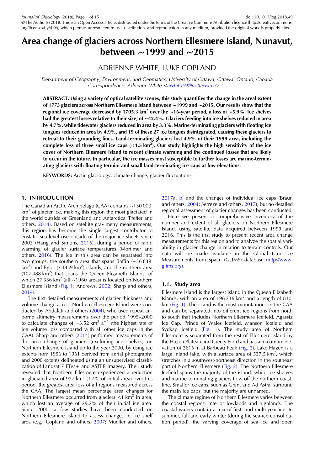 Area Change of Glaciers Across Northern Ellesmere Island, Nunavut, Between ∼1999 and ∼2015