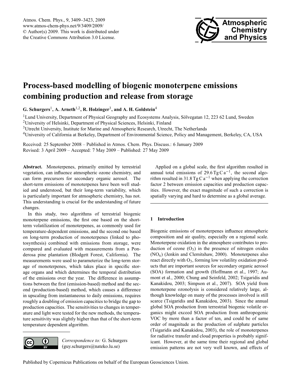 Process-Based Modelling of Biogenic Monoterpene Emissions Combining Production and Release from Storage