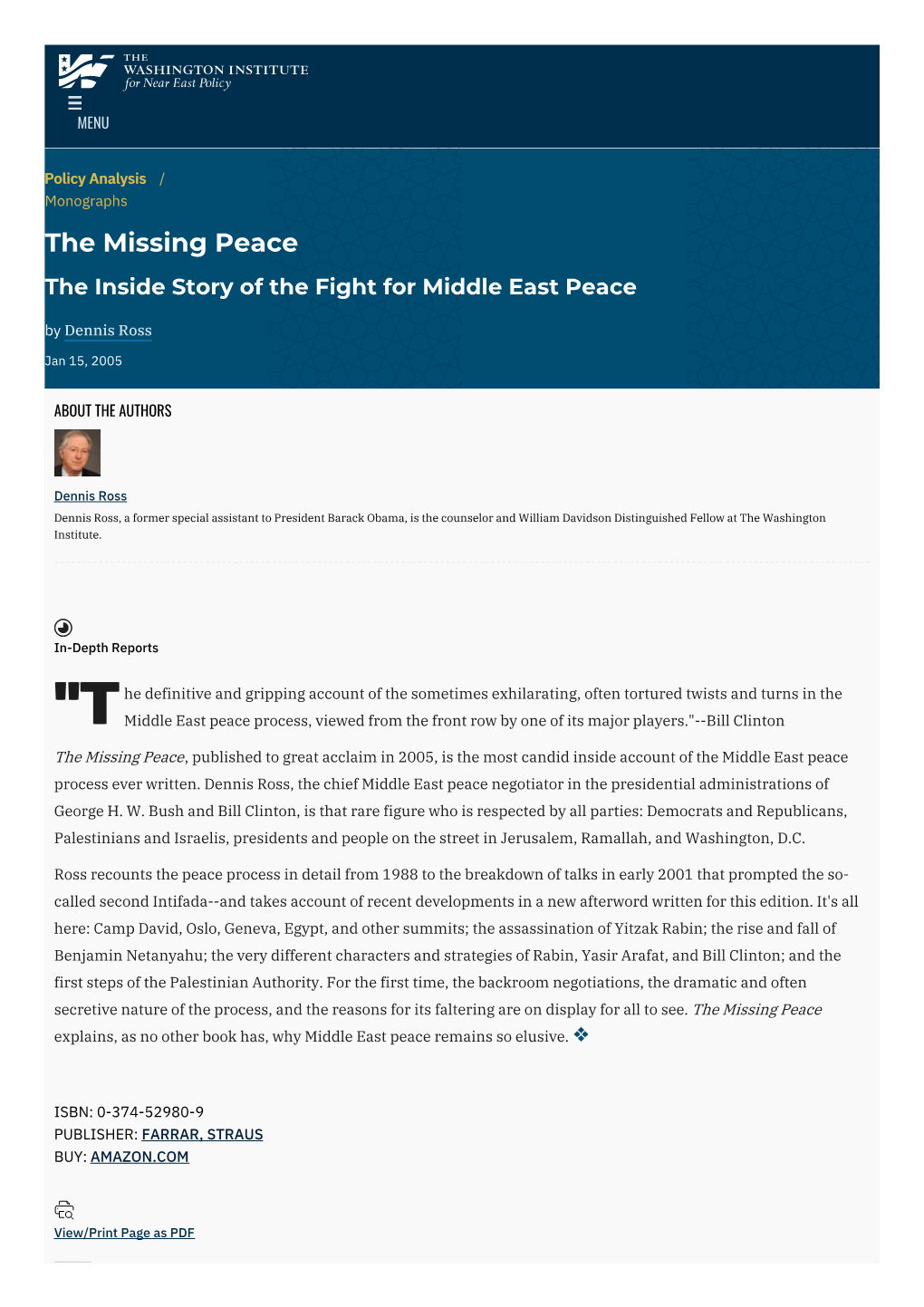 The Missing Peace the Inside Story of the Fight for Middle East Peace by Dennis Ross