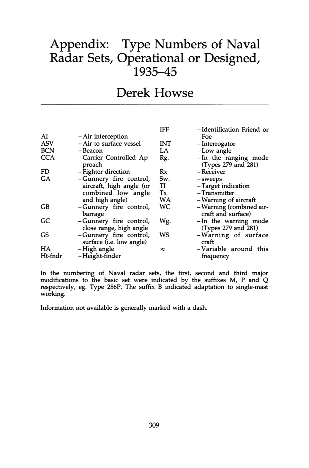 Type Numbers of Naval Radar Sets, Operational Or Designed, Derek