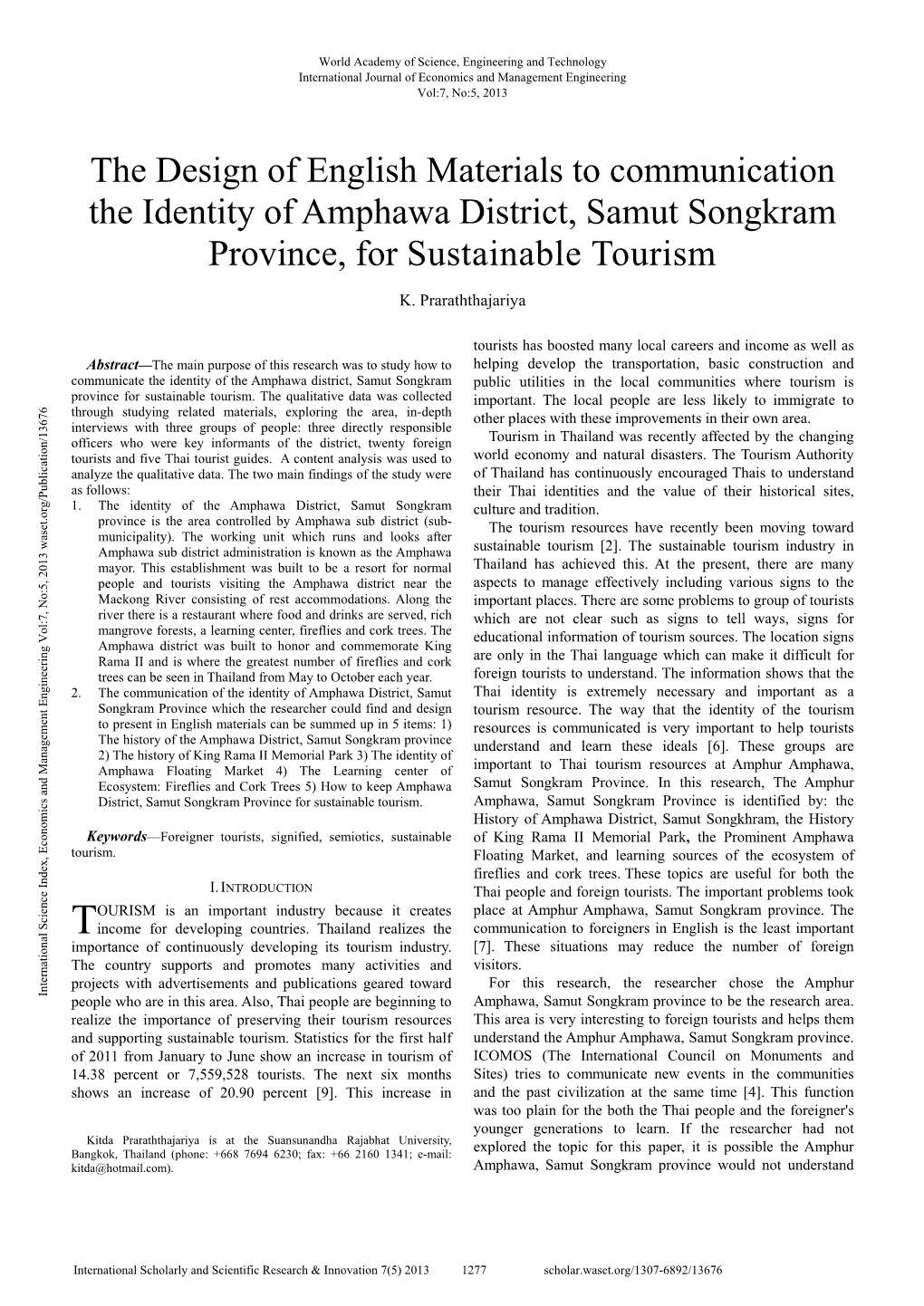 The Design of English Materials to Communication the Identity of Amphawa District, Samut Songkram Province, for Sustainable Tourism