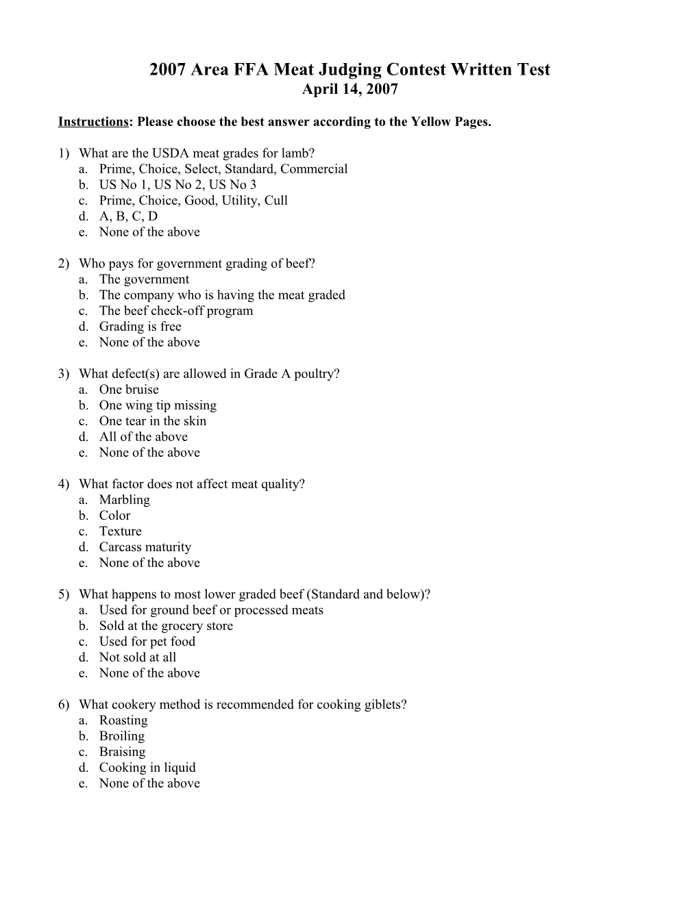 2007 San Antonio FFA Meat Judging Contest Written Test