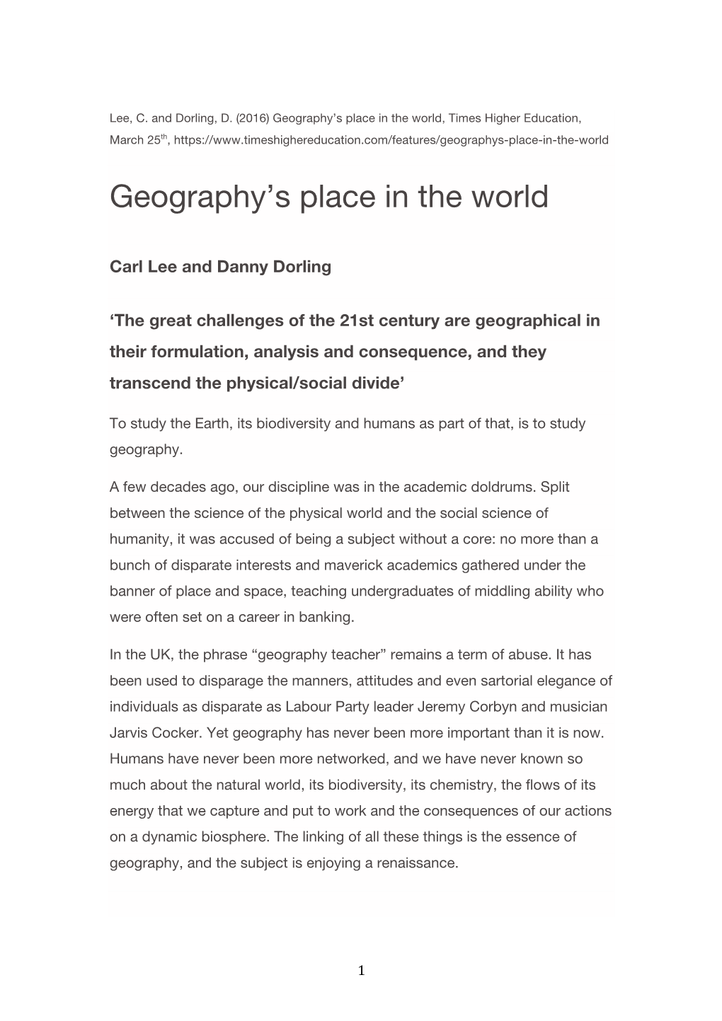 Geography's Place in the World