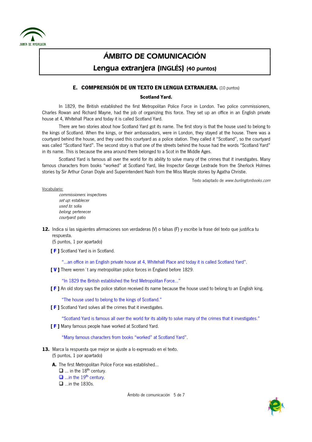 ÁMBITO DE COMUNICACIÓN Lengua Extranjera (INGLÉS) (40 Puntos)