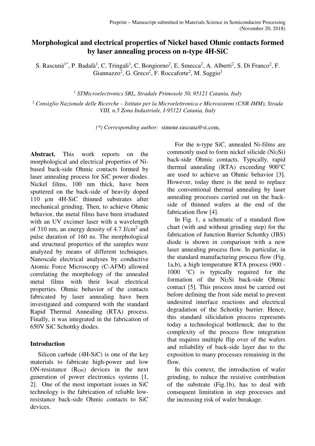 Morphological and Electrical Properties of Nickel Based Ohmic Contacts Formed by Laser Annealing Process on N-Type 4H-Sic