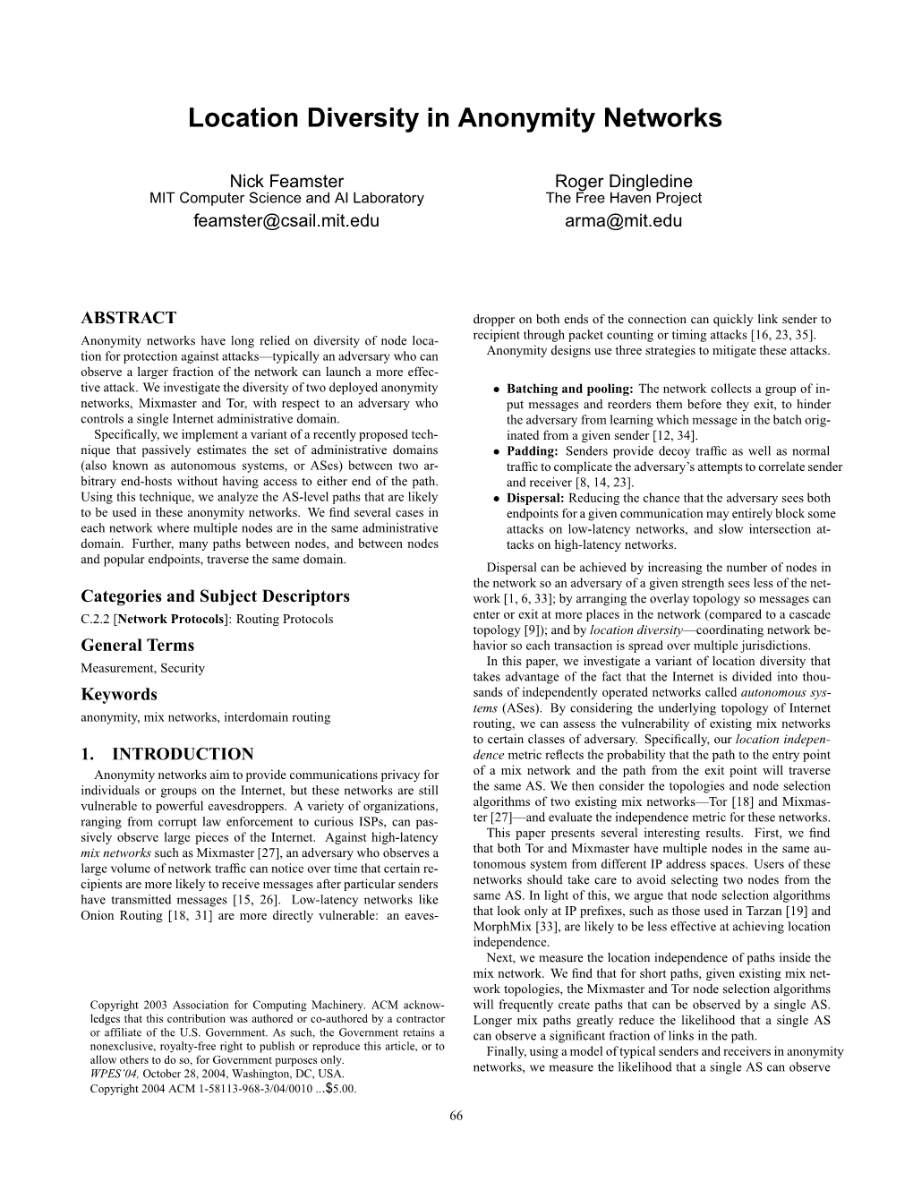 Location Diversity in Anonymity Networks