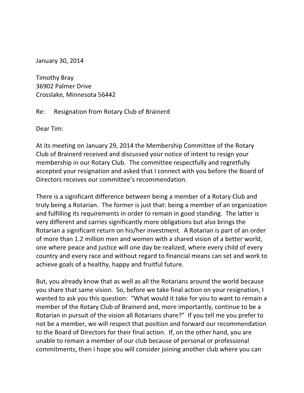 Re: Resignation from Rotary Club of Brainerd
