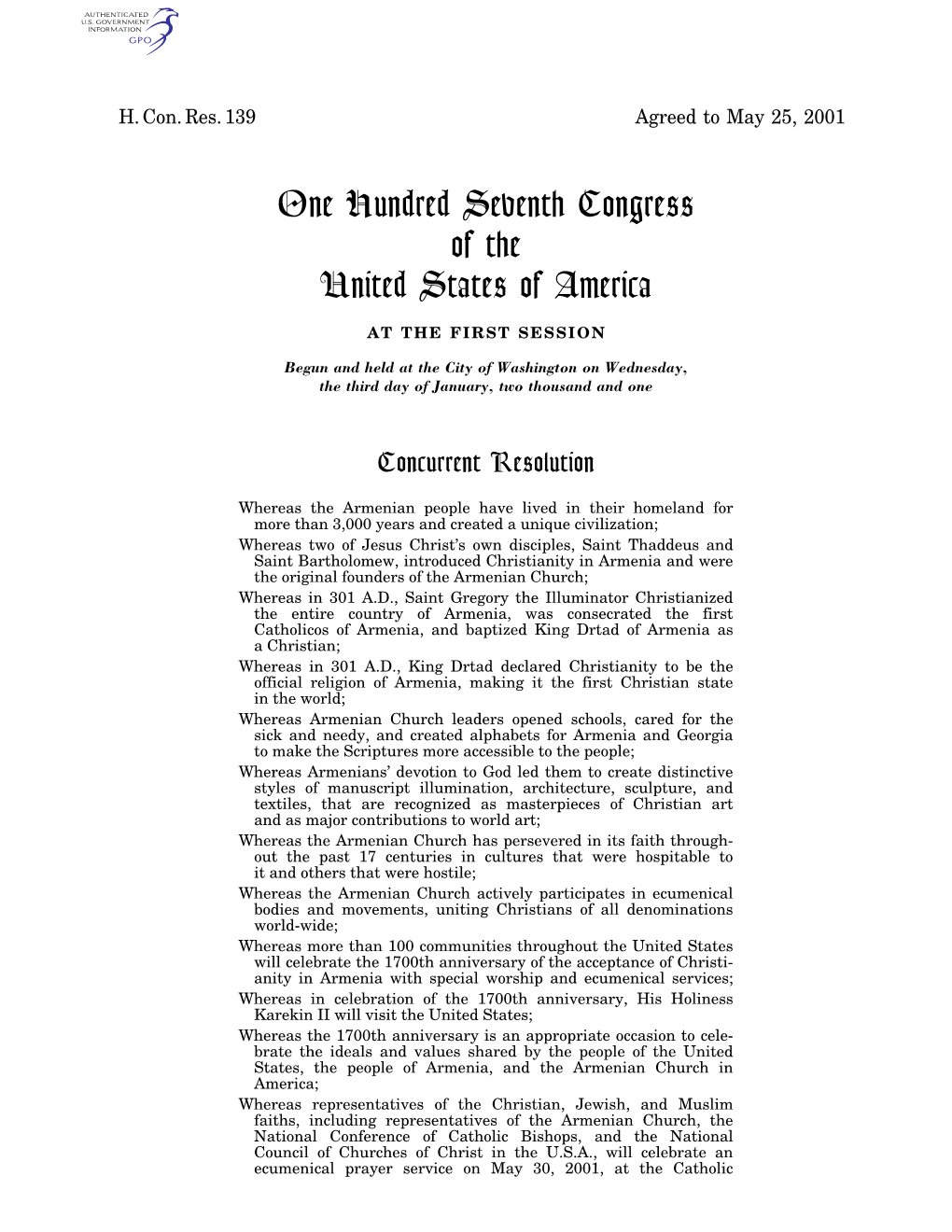 One Hundred Seventh Congress of the United States of America