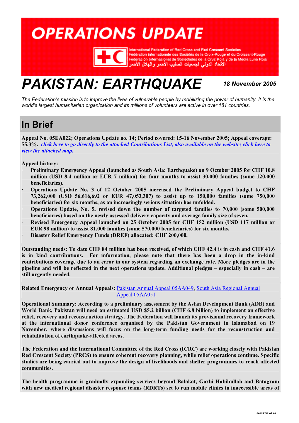 PAKISTAN: EARTHQUAKE 18 November 2005