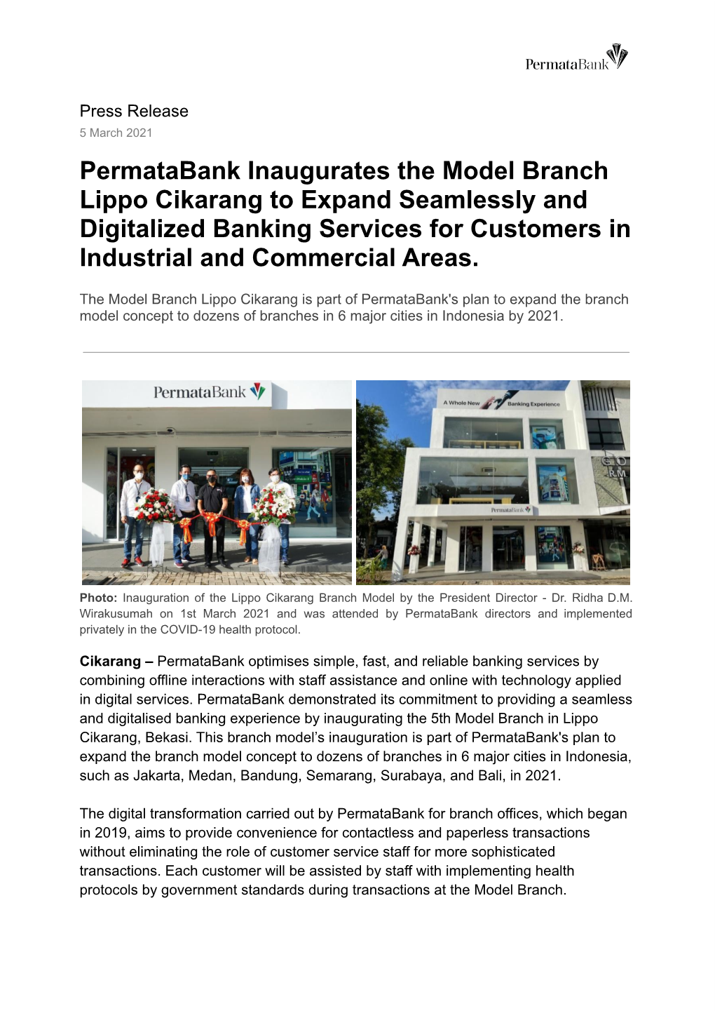 Permatabank Inaugurates the Model Branch Lippo Cikarang to Expand Seamlessly and Digitalized Banking Services for Customers in Industrial and Commercial Areas