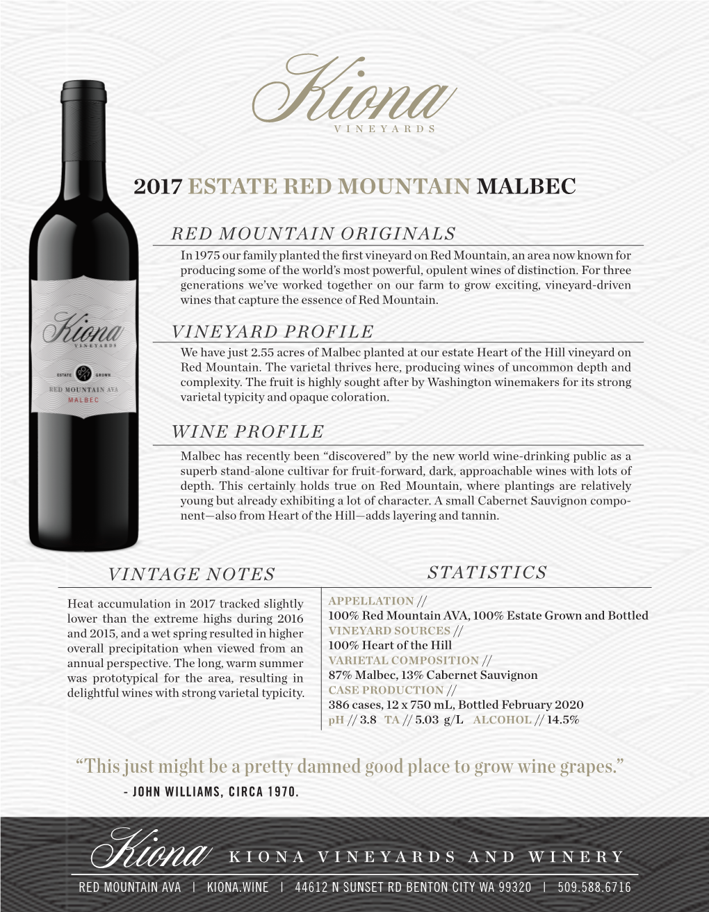 2017 Estate Red Mountain Malbec Tech Sheet PDF