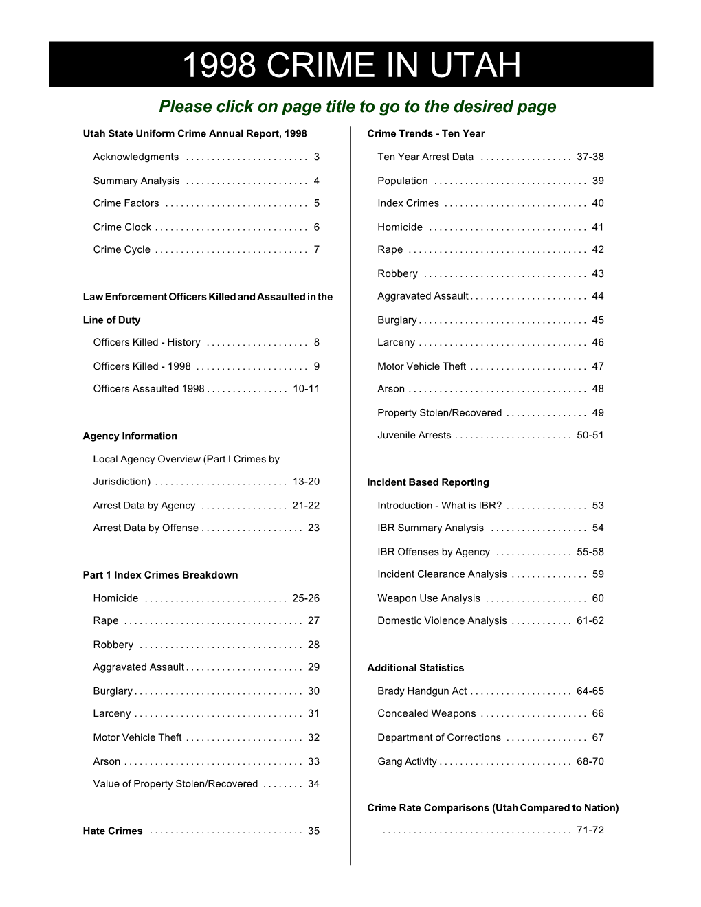 1998 CRIME in UTAH Please Click on Page Title to Go to the Desired Page