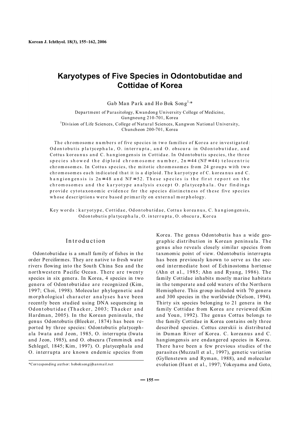 Karyotypes of Five Species in Odontobutidae and Cottidae of Korea