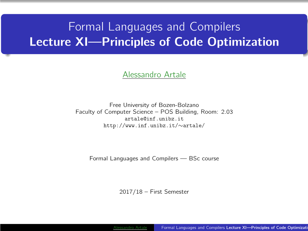 Formal Languages and Compilers Lecture XI—Principles of Code Optimization
