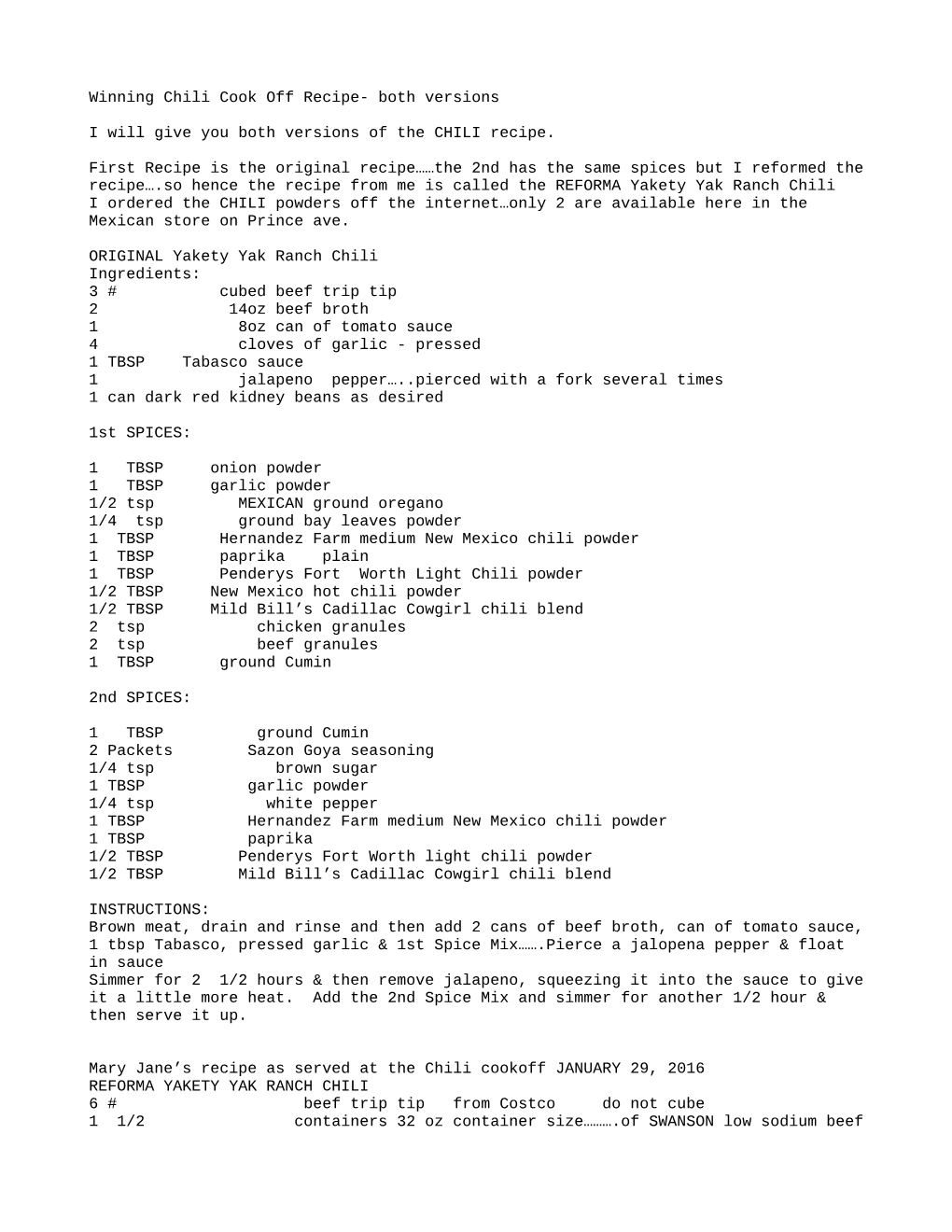 Winning Chili Cook Off Recipe- Both Versions