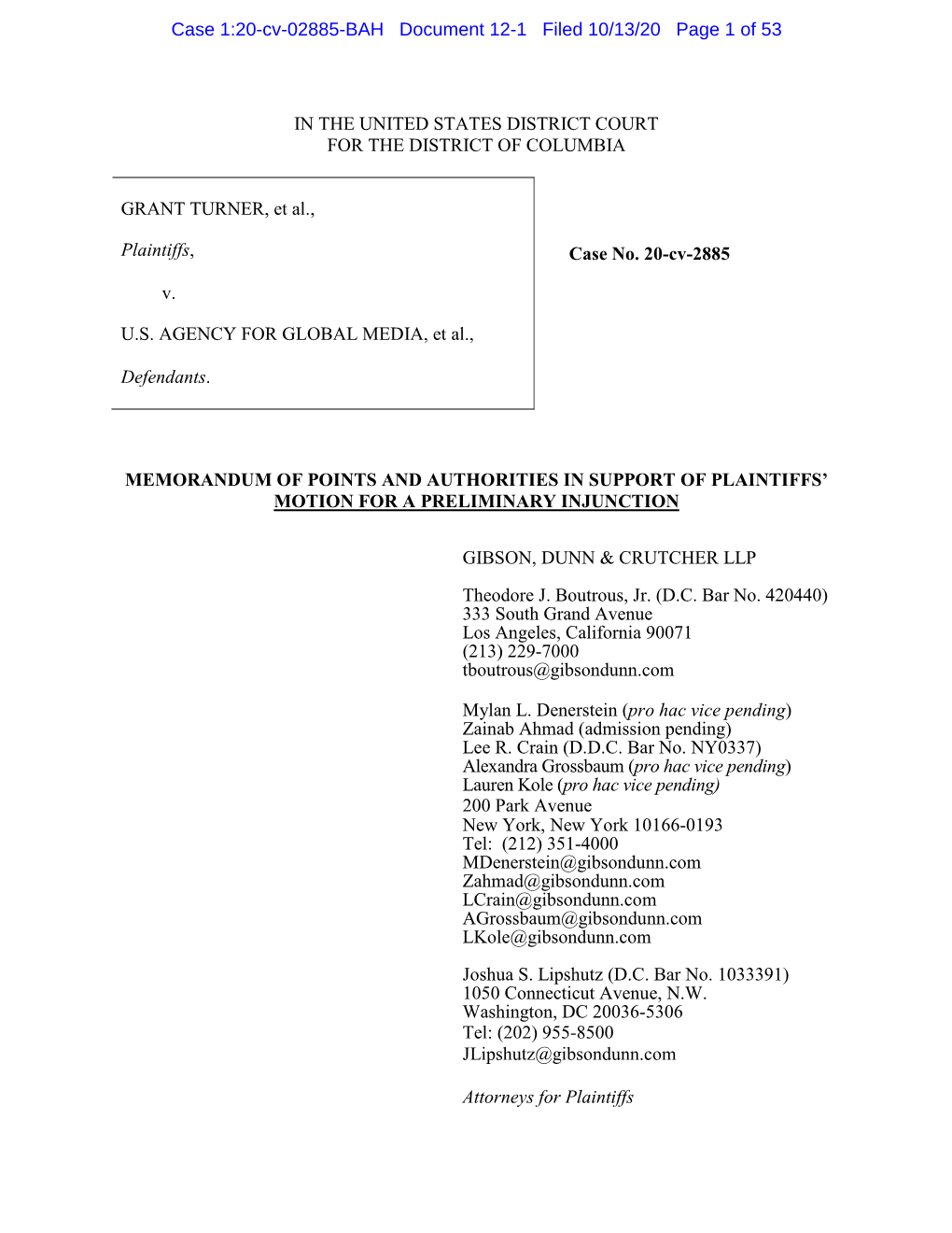 Case 1:20-Cv-02885-BAH Document 12-1 Filed 10/13/20 Page 1 of 53