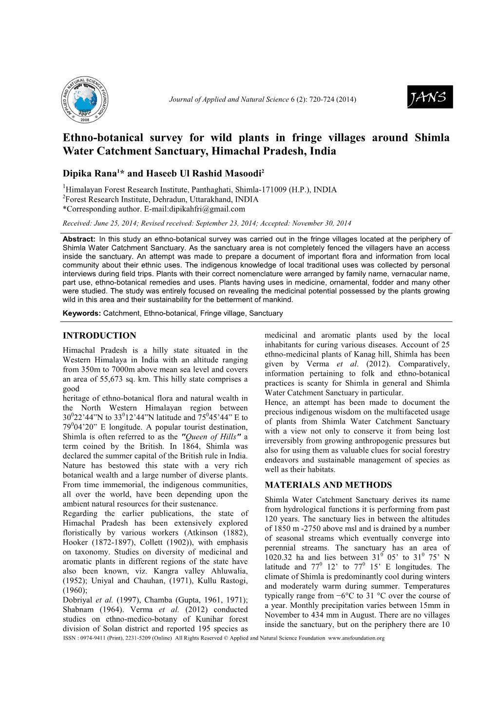 Ethno-Botanical Survey for Wild Plants in Fringe Villages Around Shimla Water Catchment Sanctuary, Himachal Pradesh, India