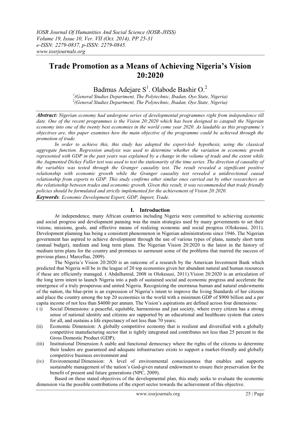 Trade Promotion As a Means of Achieving Nigeria's Vision 20:2020