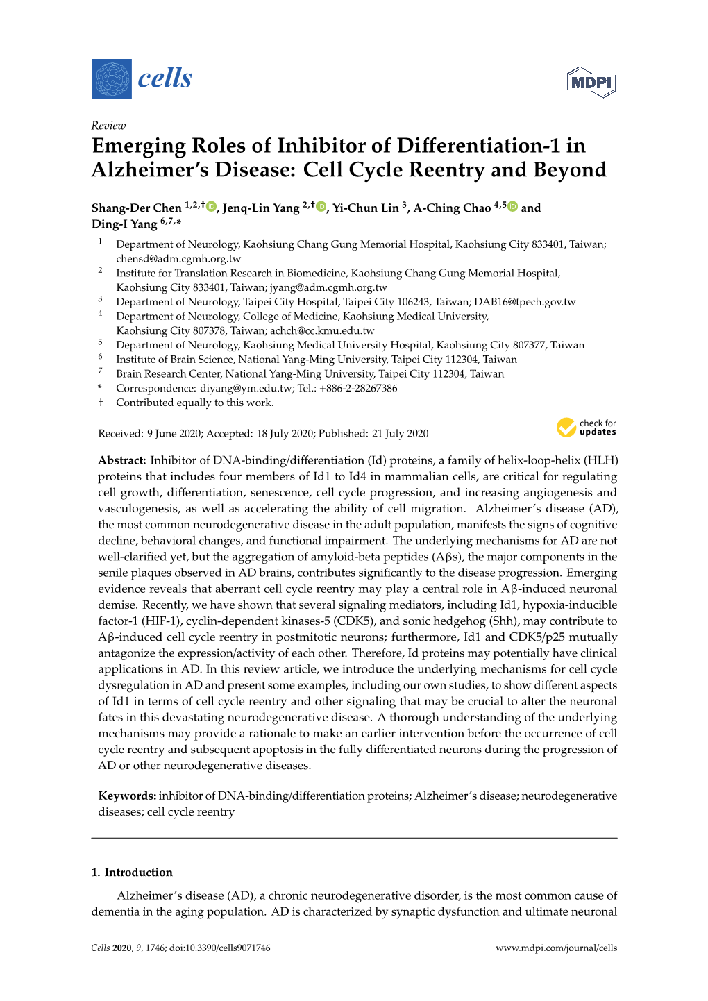 Emerging Roles of Inhibitor of Differentiation-1 in Alzheimer's Disease: Cell Cycle Reentry and Beyond