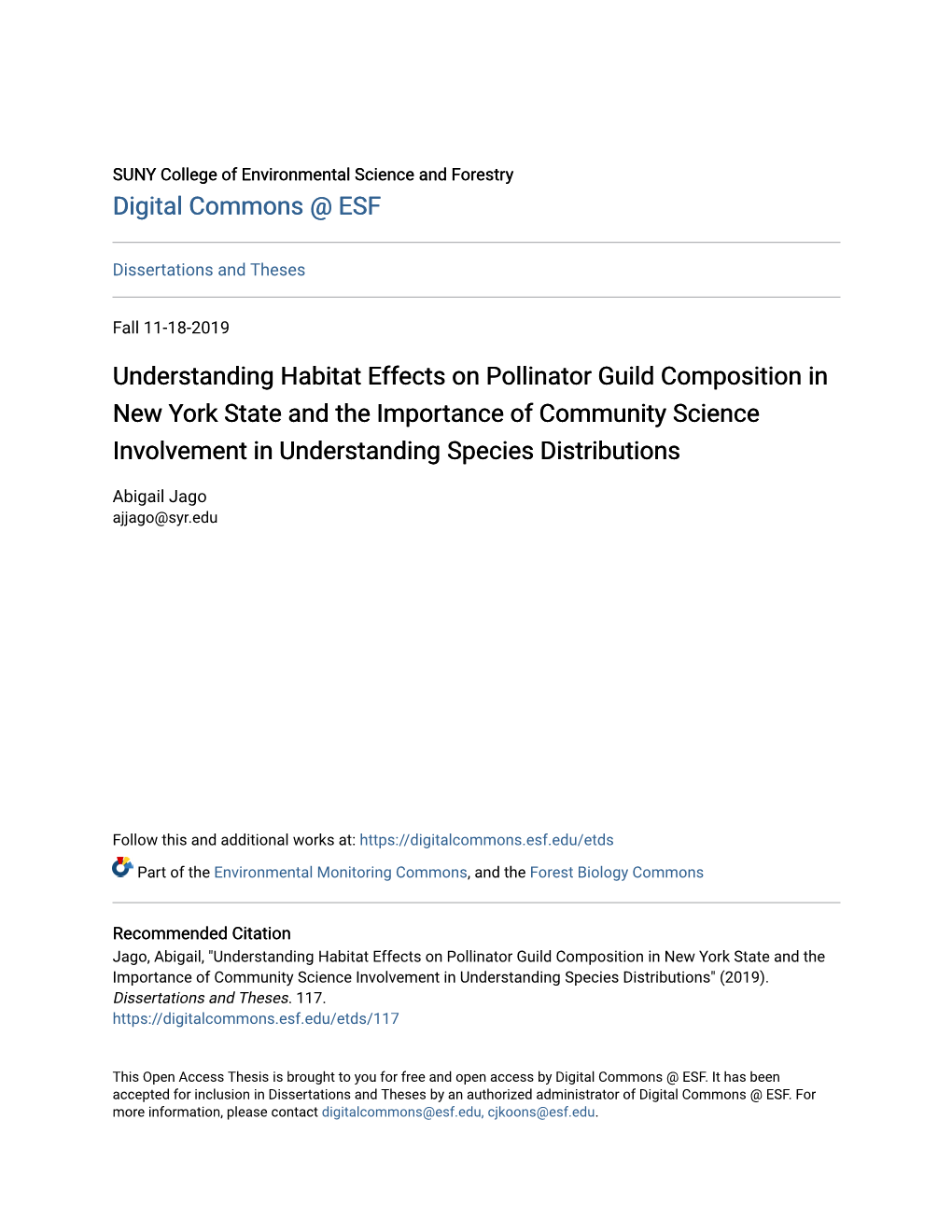 Understanding Habitat Effects on Pollinator Guild Composition in New York State and the Importance of Community Science Involvem