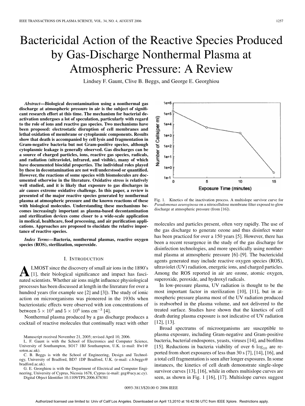 Bactericidal Action of the Reactive Species Produced by Gas-Discharge Nonthermal Plasma at Atmospheric Pressure: a Review Lindsey F