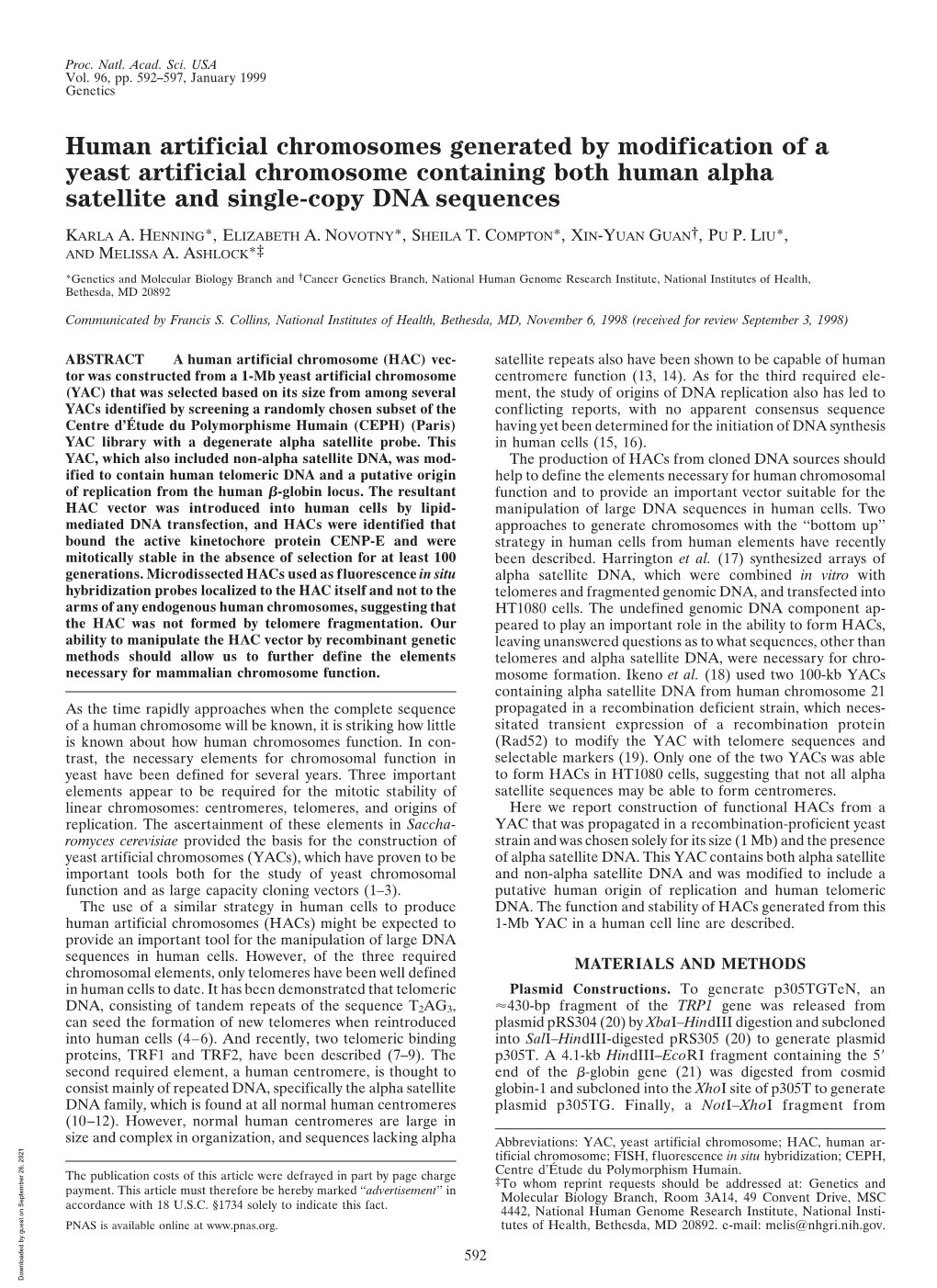 Human Artificial Chromosomes Generated by Modification of a Yeast Artificial Chromosome Containing Both Human Alpha Satellite and Single-Copy DNA Sequences