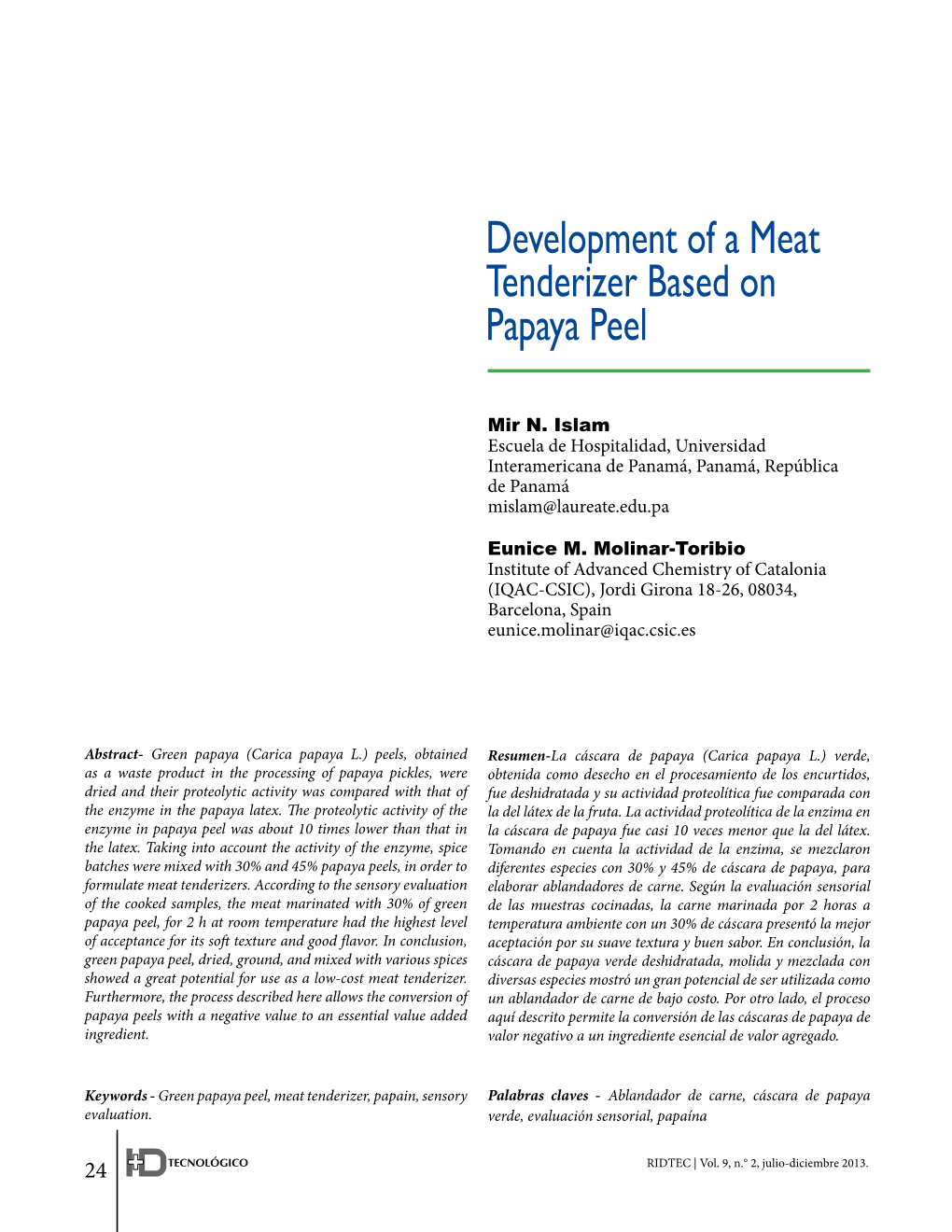 Development of a Meat Tenderizer Based on Papaya Peel