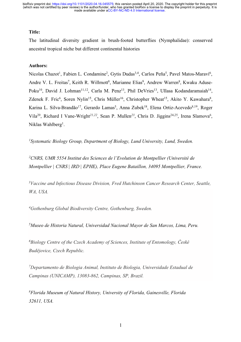 Nymphalidae): Conserved Ancestral Tropical Niche but Different Continental Histories