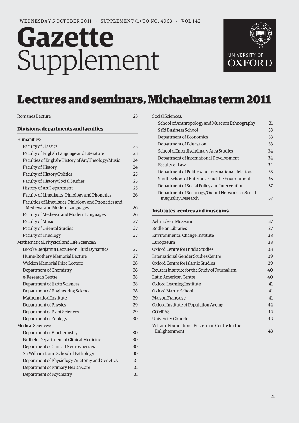 Lectures and Seminars Michaelmas Term 2011