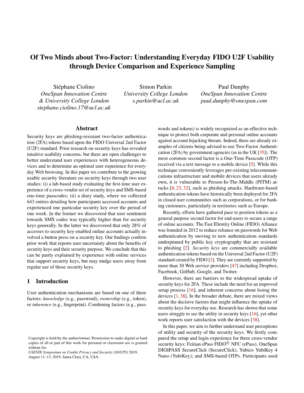 Understanding Everyday FIDO U2F Usability Through Device Comparison and Experience Sampling