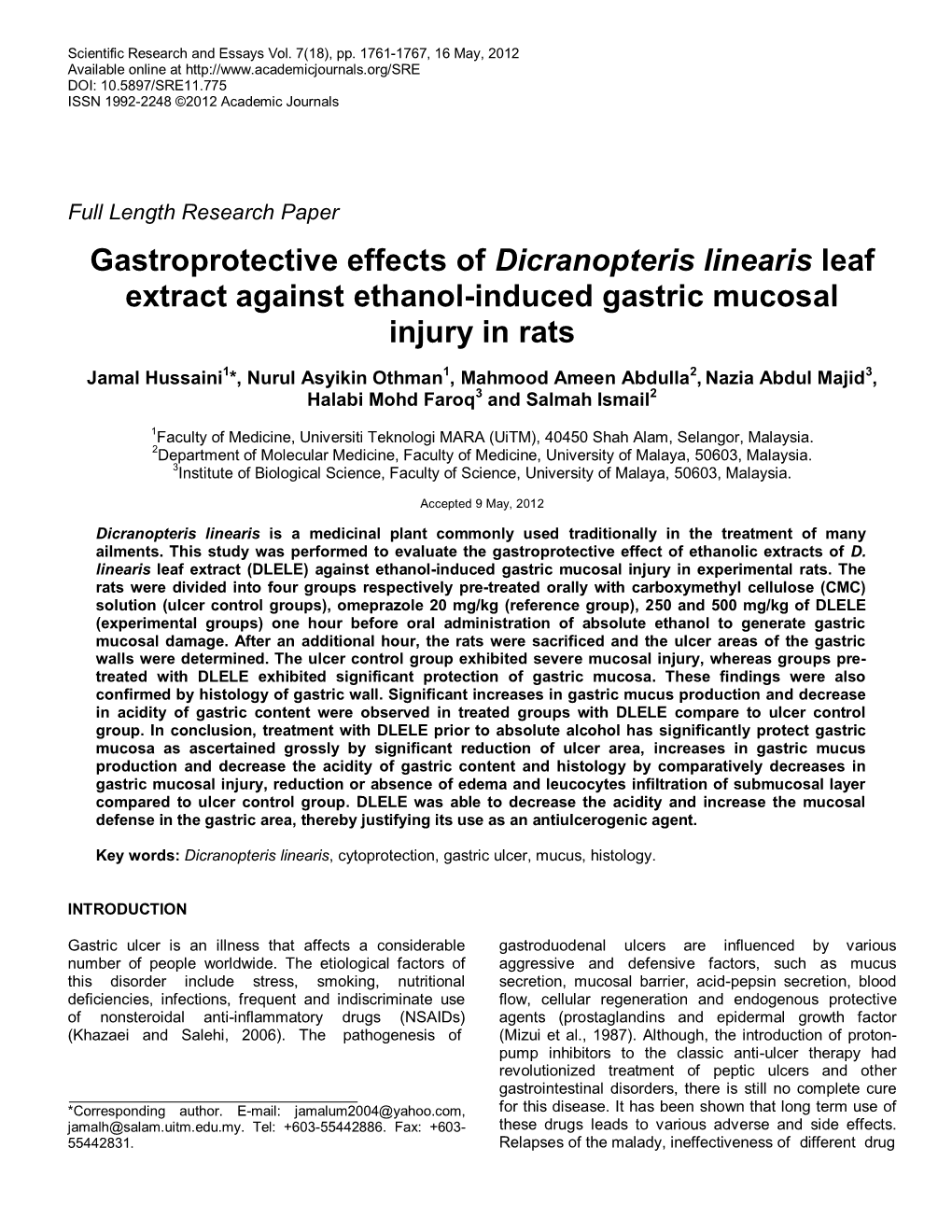 Gastroprotective Effects of Dicranopteris Linearis Leaf Extract Against Ethanol-Induced Gastric Mucosal Injury in Rats