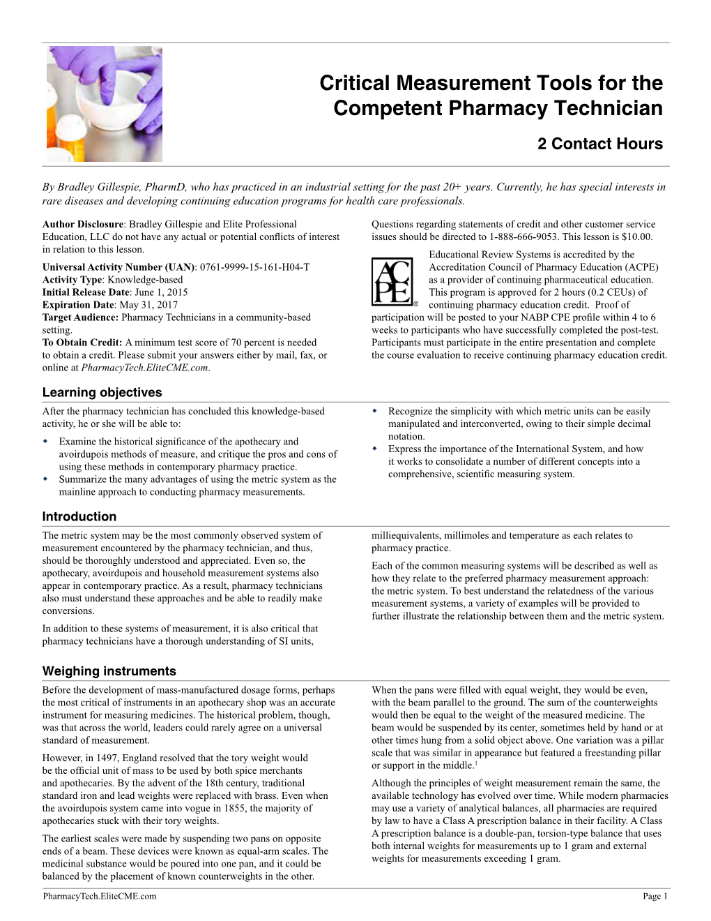 Critical Measurement Tools for the Competent Pharmacy Technician 2 Contact Hours