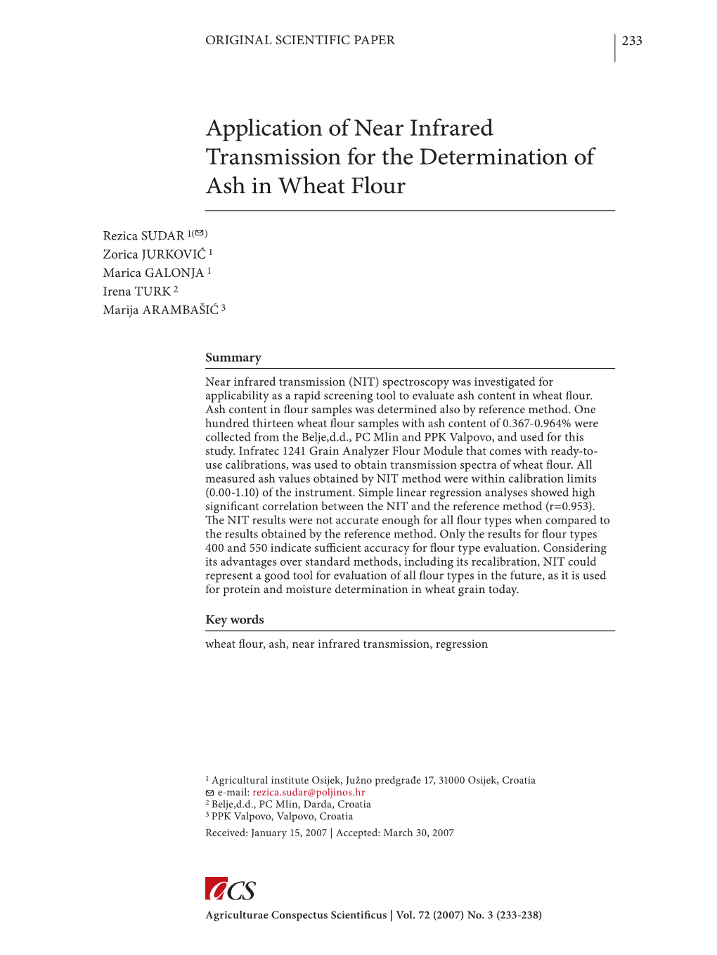 Application of Near Infrared Transmission for the Determination of Ash in Wheat Flour