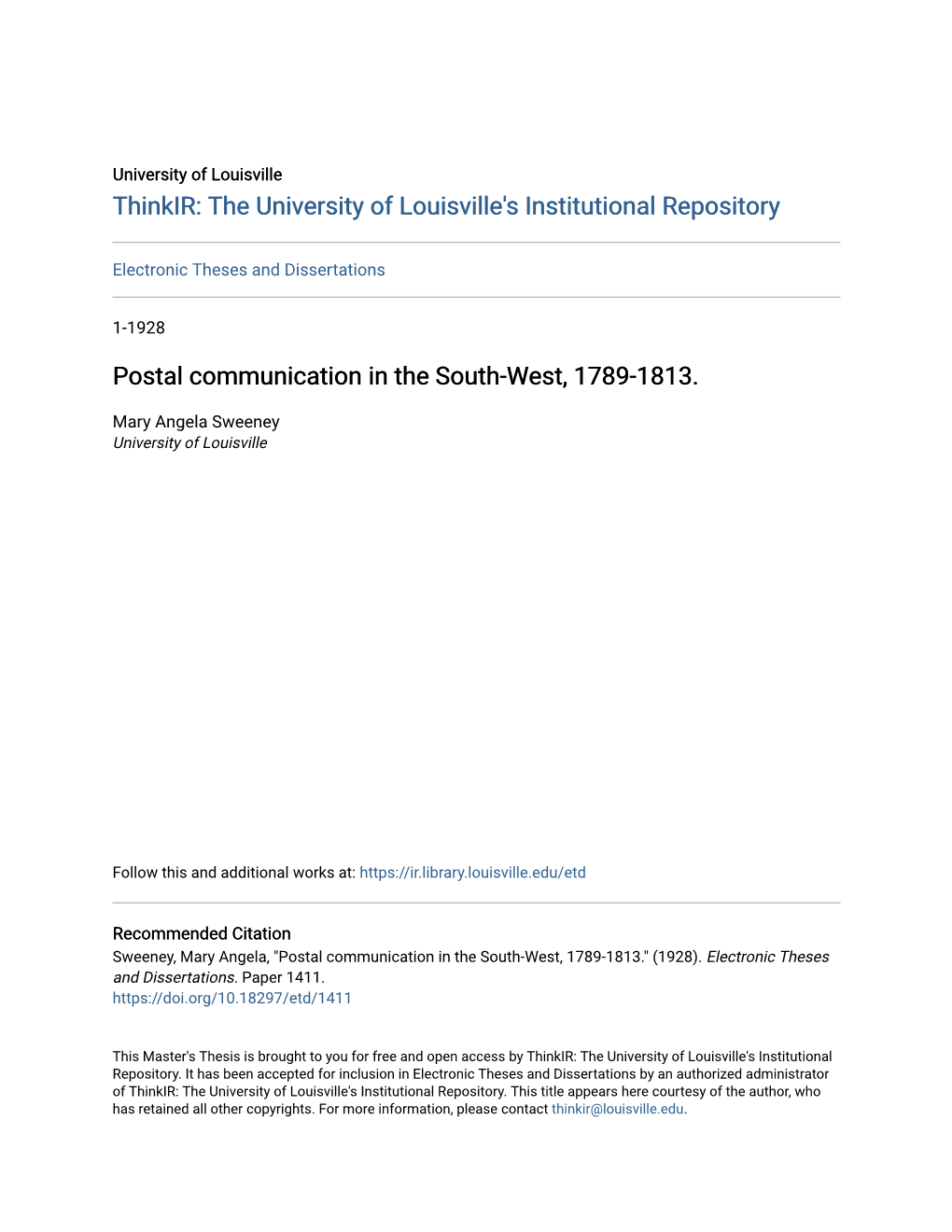 Postal Communication in the South-West, 1789-1813