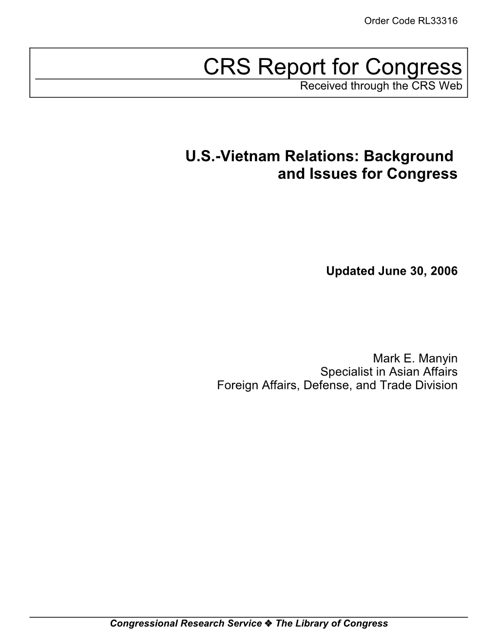 U.S.-Vietnam Relations: Background and Issues for Congress