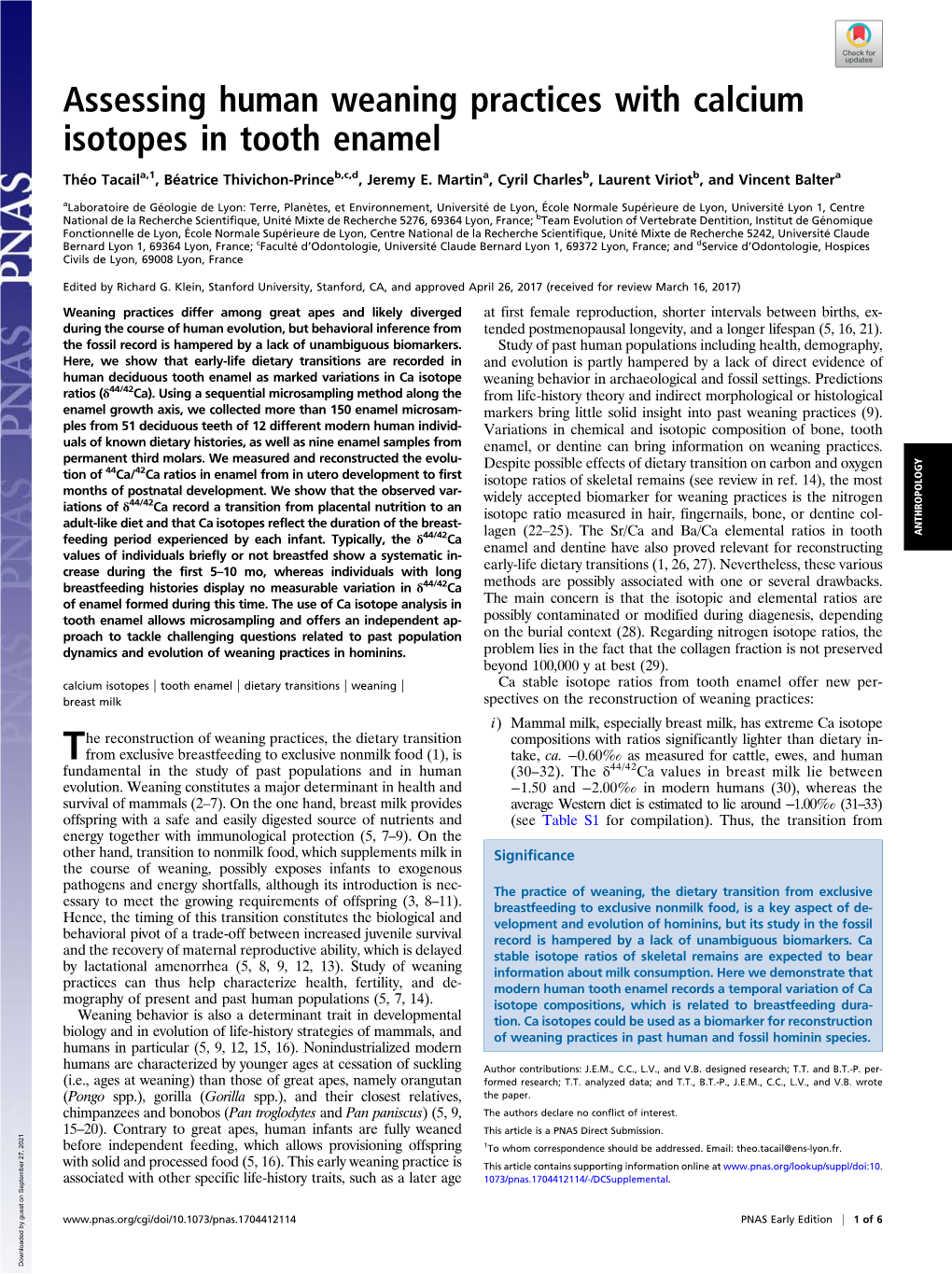 Assessing Human Weaning Practices with Calcium Isotopes in Tooth Enamel