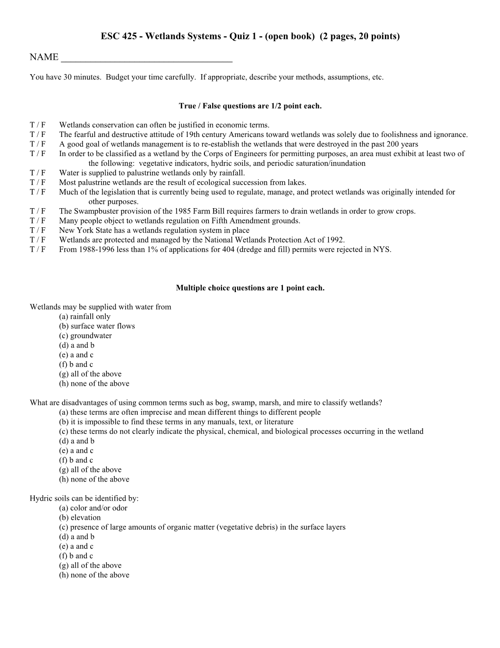 ESC 425 - Wetlands Systems - Quiz 1 - (Open Book) (2 Pages, 20 Points)